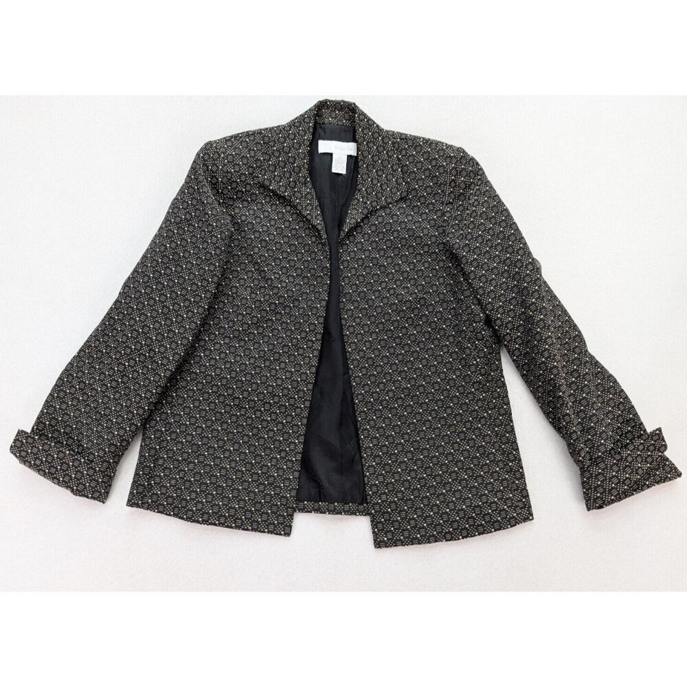 Marshall Field's Women's Blazer Jacket Size 12 Black Biege Woven Open Front